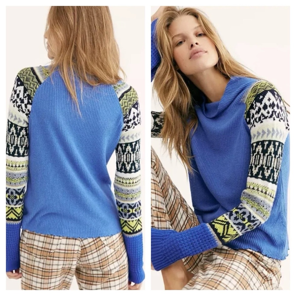 Free People Prism Swit Sweater, Blue Fair Isle Sleeve Mock Neck M
